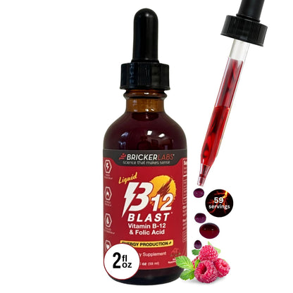 Bricker Labs B-12 Blast Liquid Vitamin B12 & Folic Acid – Energy Support, Raspberry Flavor, 2 fl oz