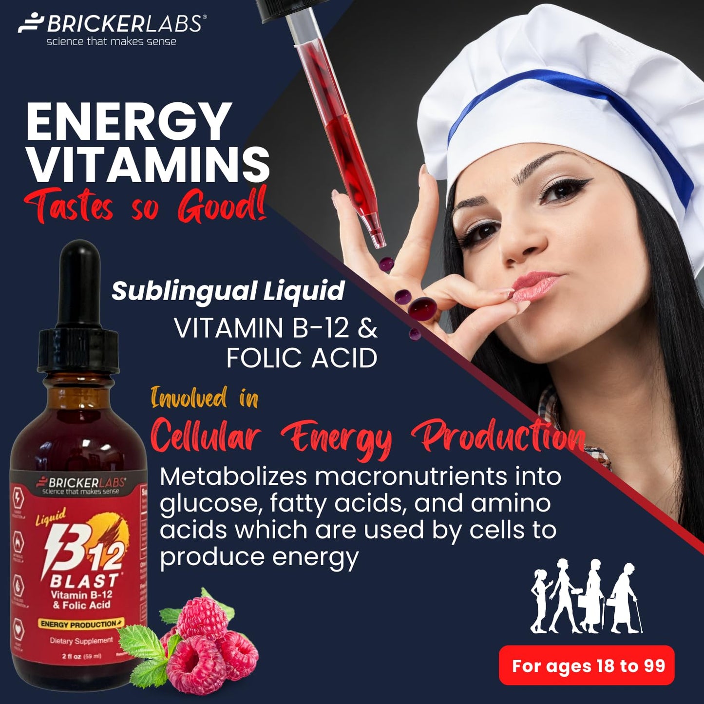 Bricker Labs B-12 Blast Liquid Vitamin B12 & Folic Acid – Energy Support, Raspberry Flavor, 2 fl oz