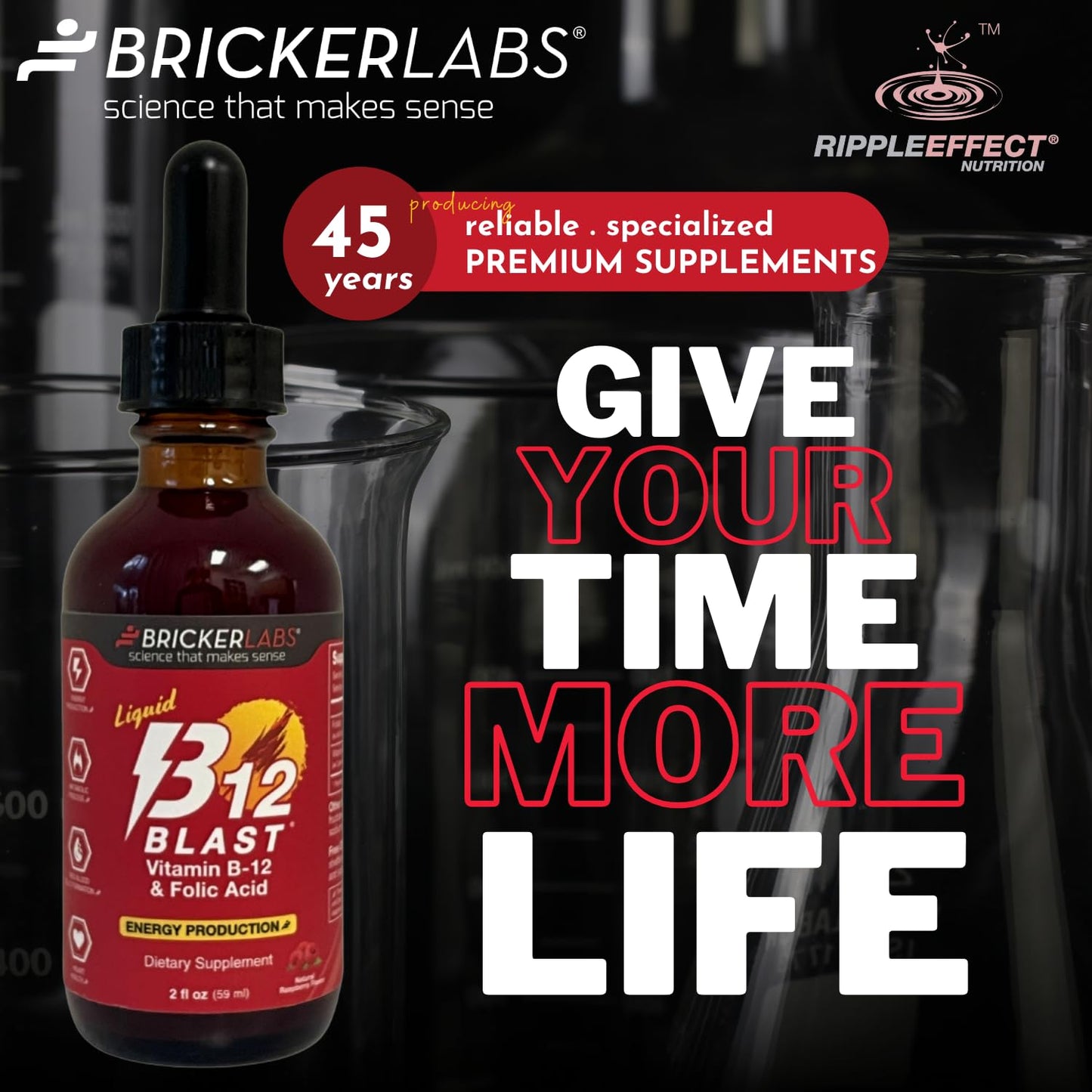 Bricker Labs B-12 Blast Liquid Vitamin B12 & Folic Acid – Energy Support, Raspberry Flavor, 2 fl oz