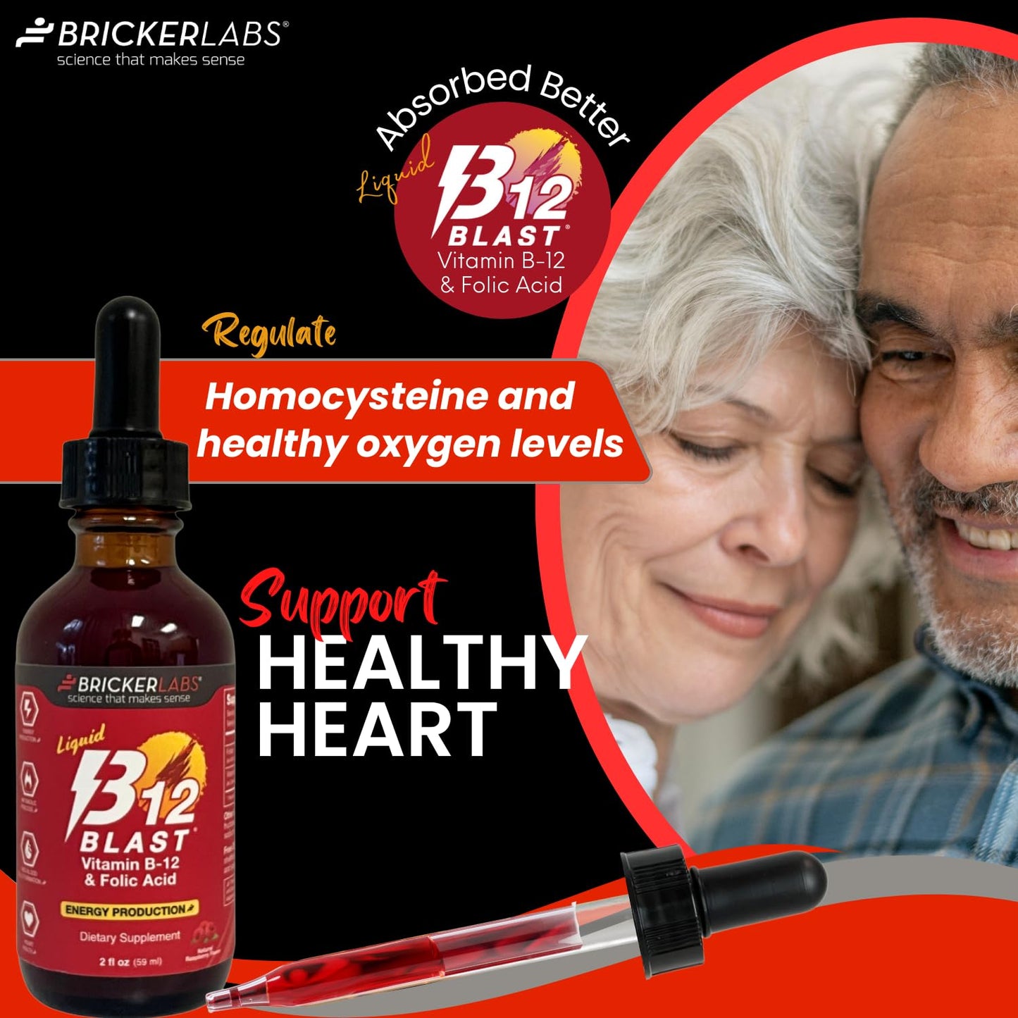 Bricker Labs B-12 Blast Liquid Vitamin B12 & Folic Acid – Energy Support, Raspberry Flavor, 2 fl oz