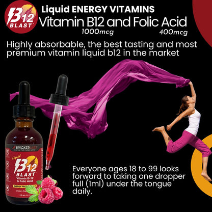 Bricker Labs B-12 Blast Liquid Vitamin B12 & Folic Acid – Energy Support, Raspberry Flavor, 2 fl oz