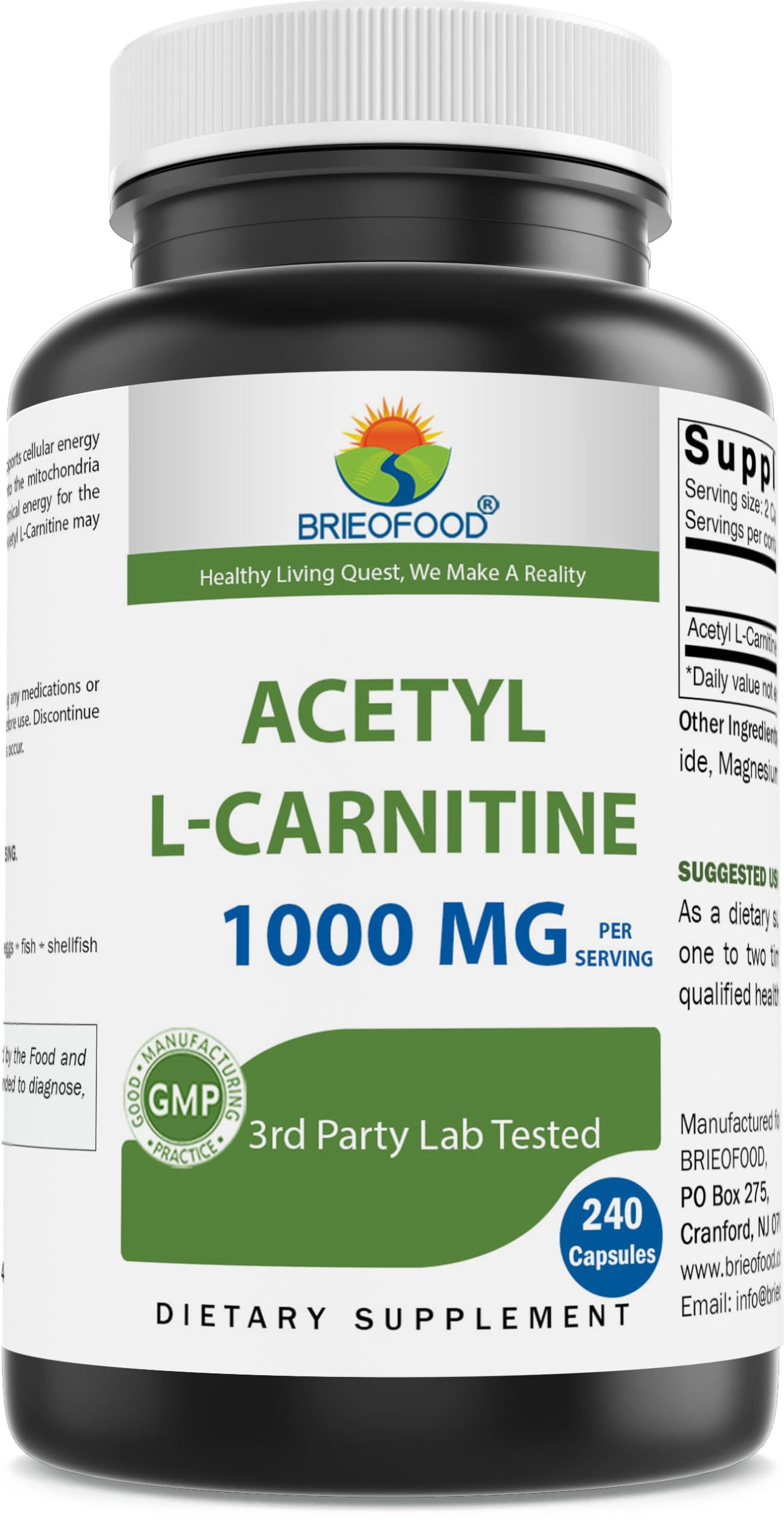 Brieofood Acetyl L-Carnitine 1000 mg – 240 Capsules | Gluten-Free & Non-GMO