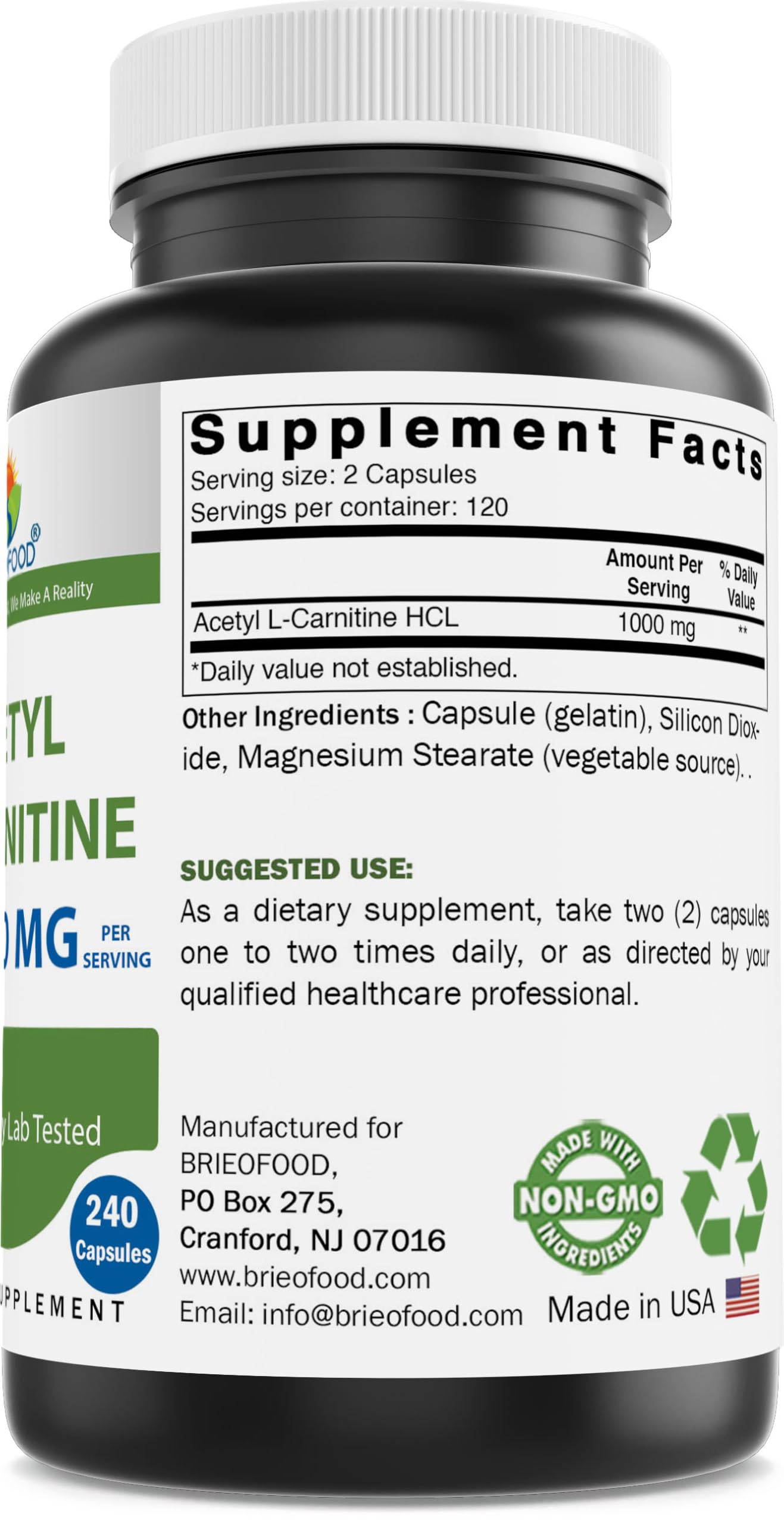 Brieofood Acetyl L-Carnitine 1000 mg – 240 Capsules | Gluten-Free & Non-GMO