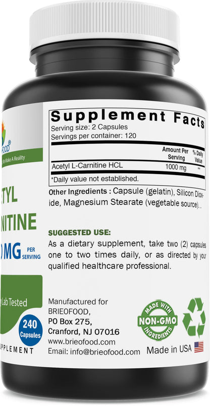 Brieofood Acetyl L-Carnitine 1000 mg – 240 Capsules | Gluten-Free & Non-GMO