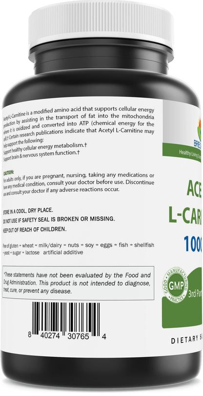 Brieofood Acetyl L-Carnitine 1000 mg – 240 Capsules | Gluten-Free & Non-GMO