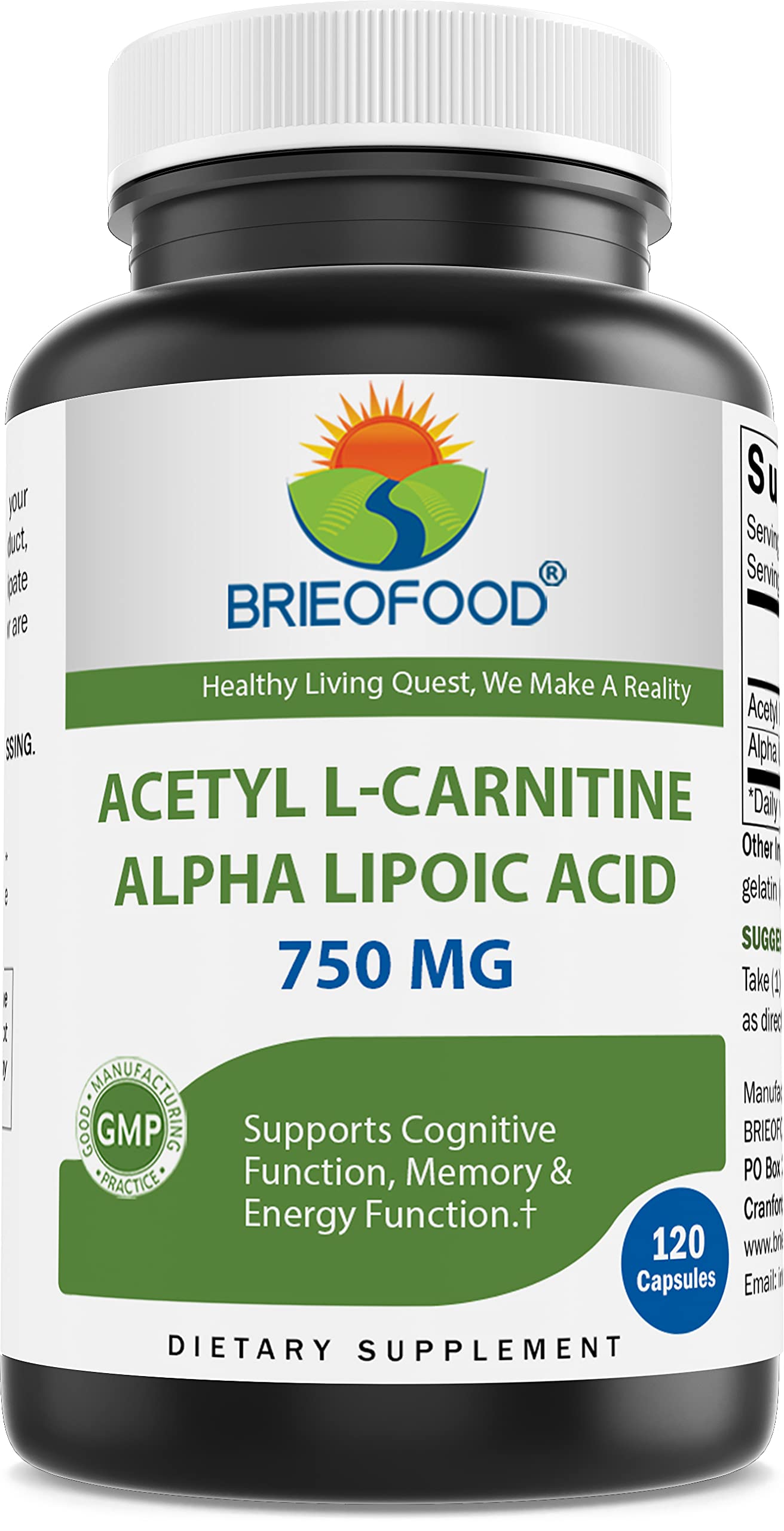 Brieofood Acetyl L-Carnitine Alpha Lipoic Acid (ALA ALC) 750 mg - 120 Capsules