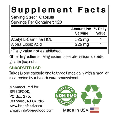 Brieofood Acetyl L-Carnitine Alpha Lipoic Acid (ALA ALC) 750 mg - 120 Capsules