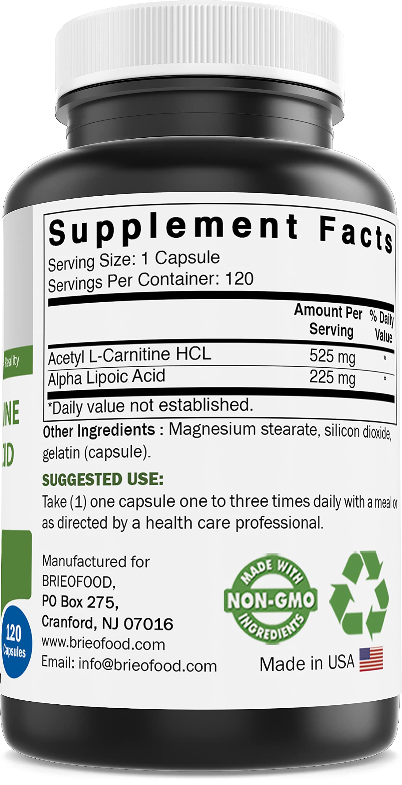 Brieofood Acetyl L-Carnitine Alpha Lipoic Acid (ALA ALC) 750 mg - 120 Capsules