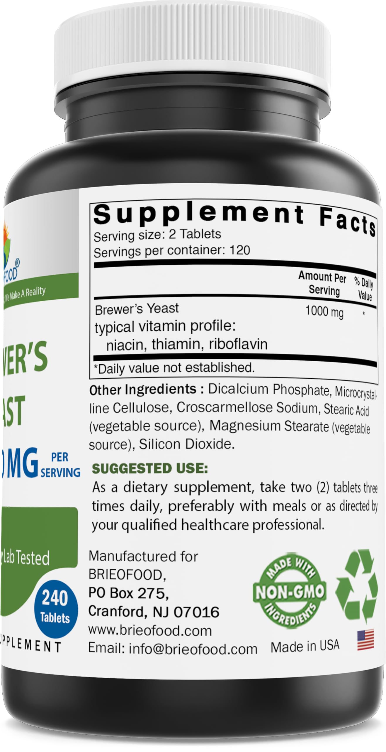 Brieofood Brewers Yeast 1000 mg – 240 Tablets (Pack of 2) – Lab Tested
