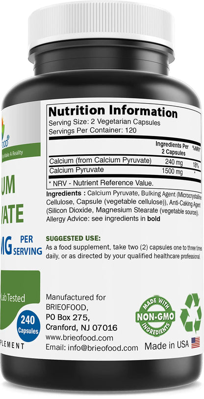 Brieofood Calcium Pyruvate 1500mg per Serving – 240 Vegetarian Capsules (2-Pack) BritishVita | Premium UK Vitamins & Wellness Supplements