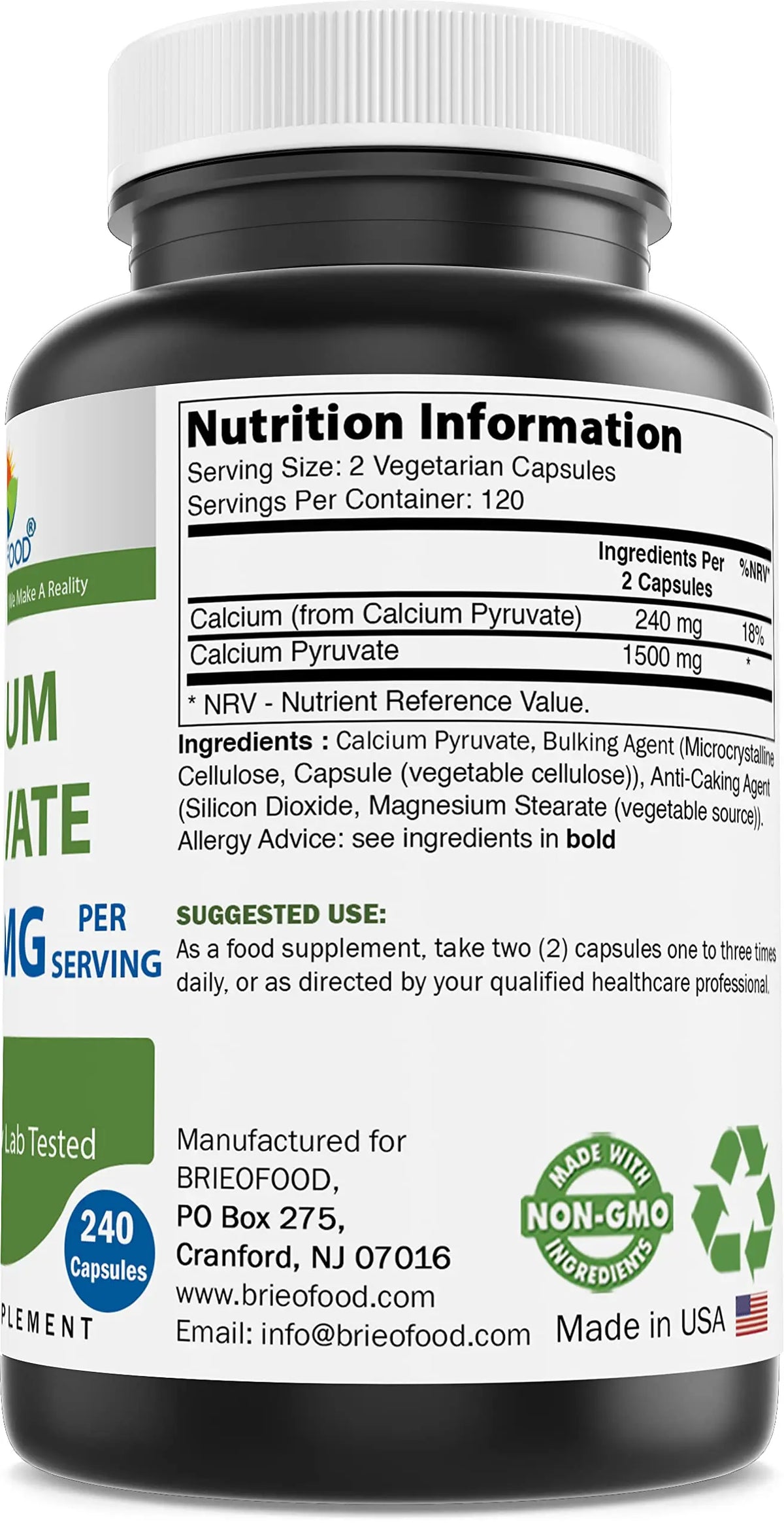 Brieofood Calcium Pyruvate 1500mg per Serving – 240 Vegetarian Capsules (2-Pack) BritishVita | Premium UK Vitamins & Wellness Supplements