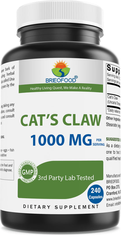 Brieofood Cat's Claw 1000 mg - 240 Capsules | Non-GMO, Gluten Free