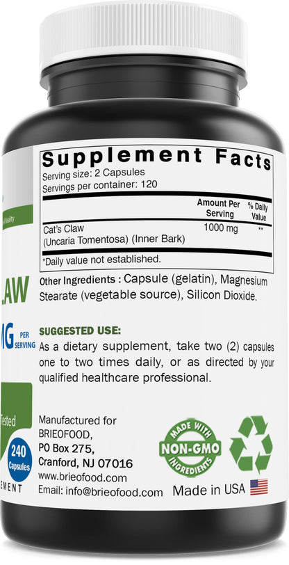 Brieofood Cat's Claw 1000 mg - 240 Capsules | Non-GMO, Gluten Free