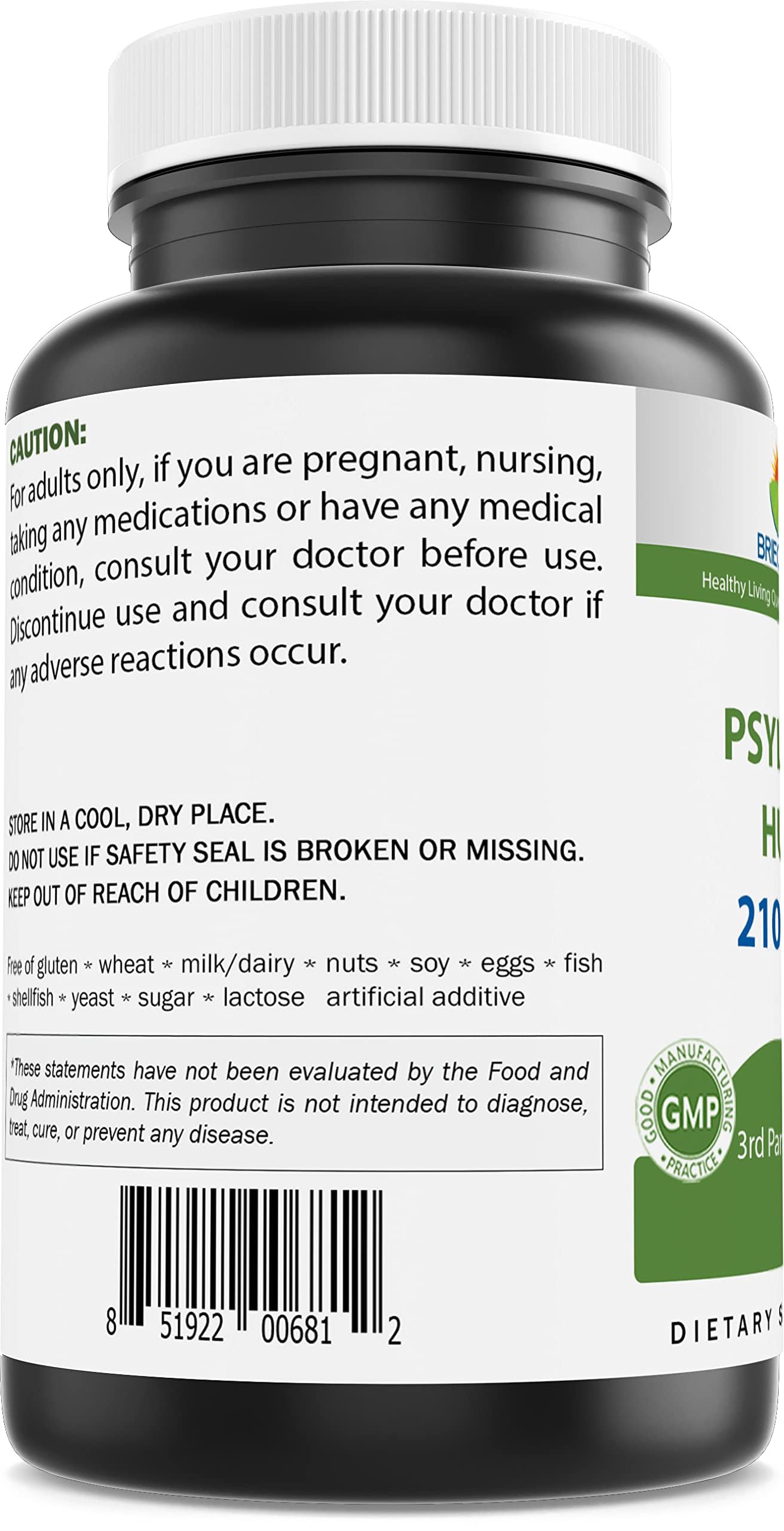 Brieofood Psyllium Husk Fiber with La-14 – 2100mg/Serving, 250 Capsules