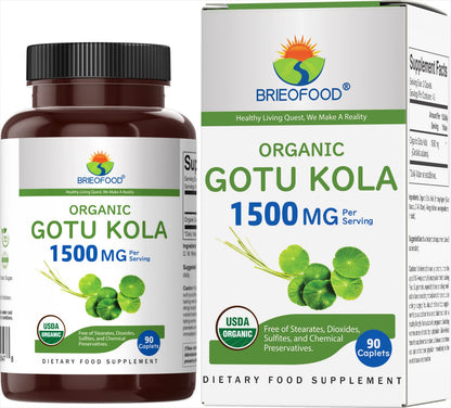 Brieofood Organic Gotu Kola 1500mg – 45 Servings – Vegetarian, Gluten Free, 90 Tablets