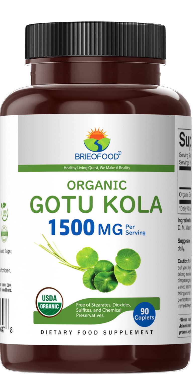 Brieofood Organic Gotu Kola 1500mg – 45 Servings – Vegetarian, Gluten Free, 90 Tablets