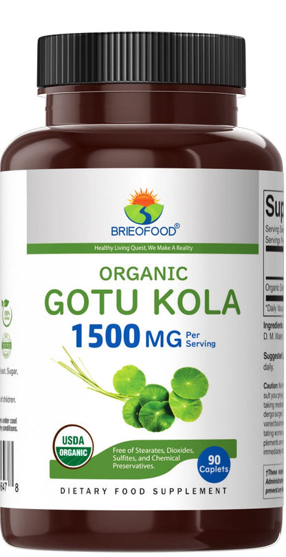 Brieofood Organic Gotu Kola 1500mg – 45 Servings – Vegetarian, Gluten Free, 90 Tablets