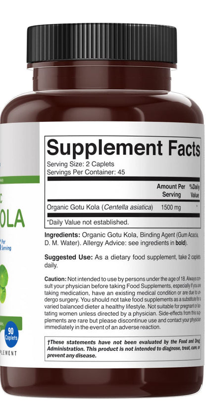 Brieofood Organic Gotu Kola 1500mg – 45 Servings – Vegetarian, Gluten Free, 90 Tablets