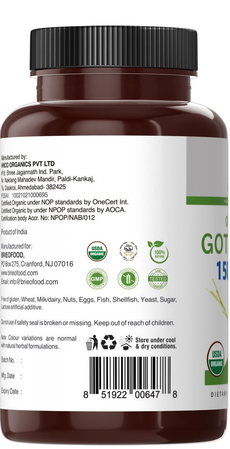 Brieofood Organic Gotu Kola 1500mg – 45 Servings – Vegetarian, Gluten Free, 90 Tablets