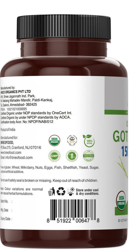 Brieofood Organic Gotu Kola 1500mg – 45 Servings – Vegetarian, Gluten Free, 90 Tablets