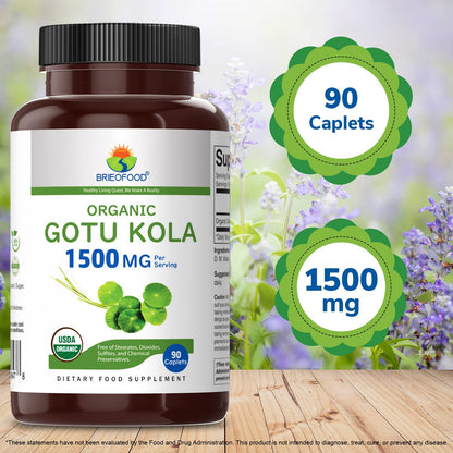 Brieofood Organic Gotu Kola 1500mg – 45 Servings – Vegetarian, Gluten Free, 90 Tablets