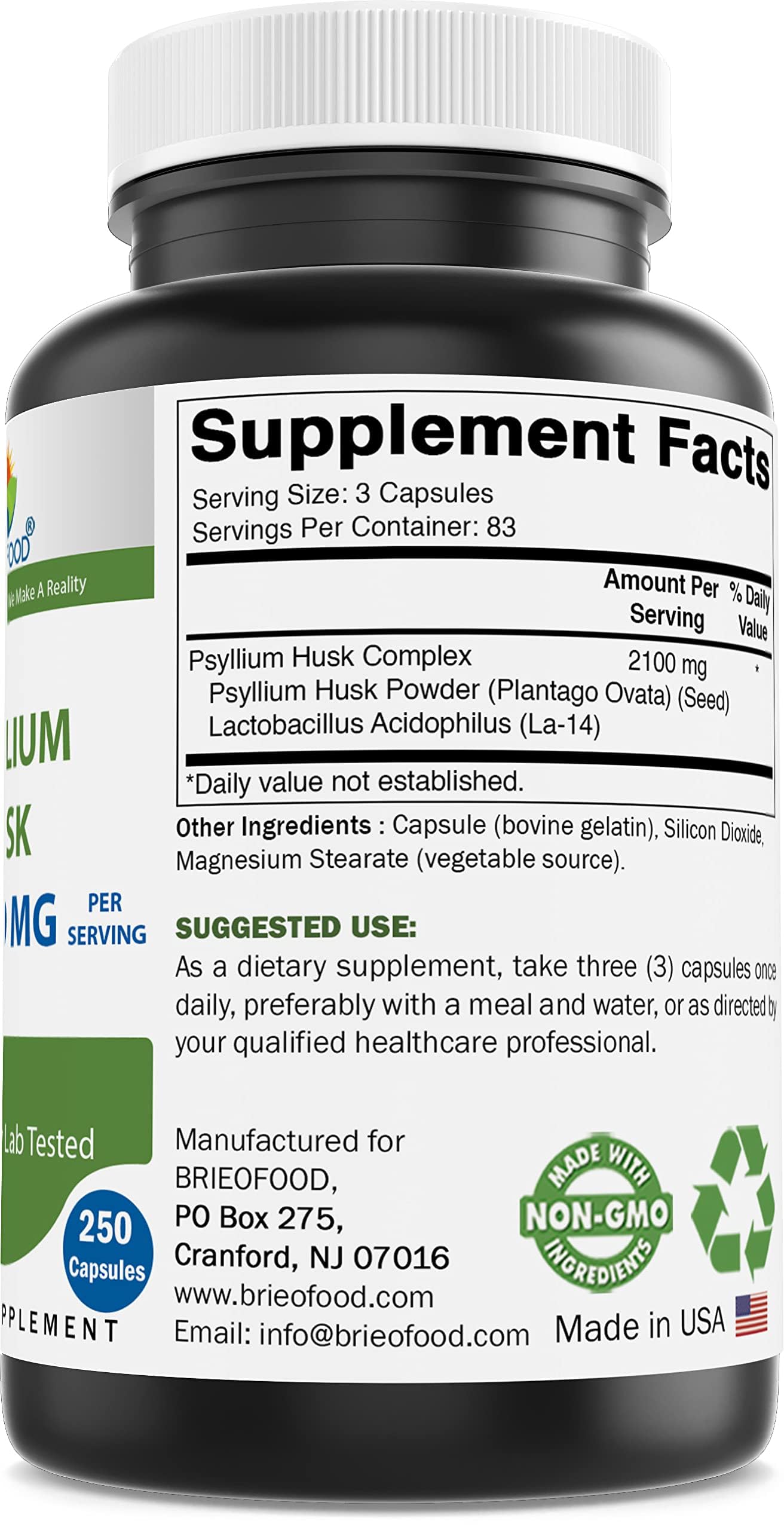 Brieofood Psyllium Husk Fiber with La-14 – 2100mg/Serving, 250 Capsules