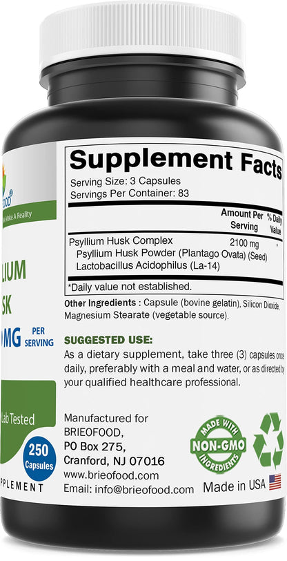 Brieofood Psyllium Husk Fiber with La-14 – 2100mg/Serving, 250 Capsules