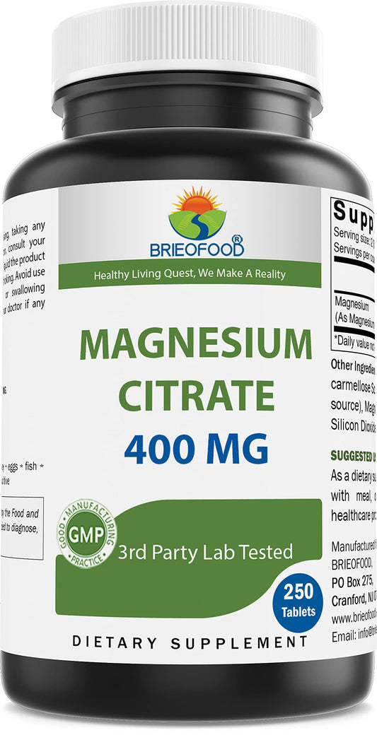 Brieofood Magnesium Citrate 400 mg (Elemental Mg) - 250 Tablets | Muscle Relaxation BritishVita | Premium UK Vitamins & Wellness Supplements