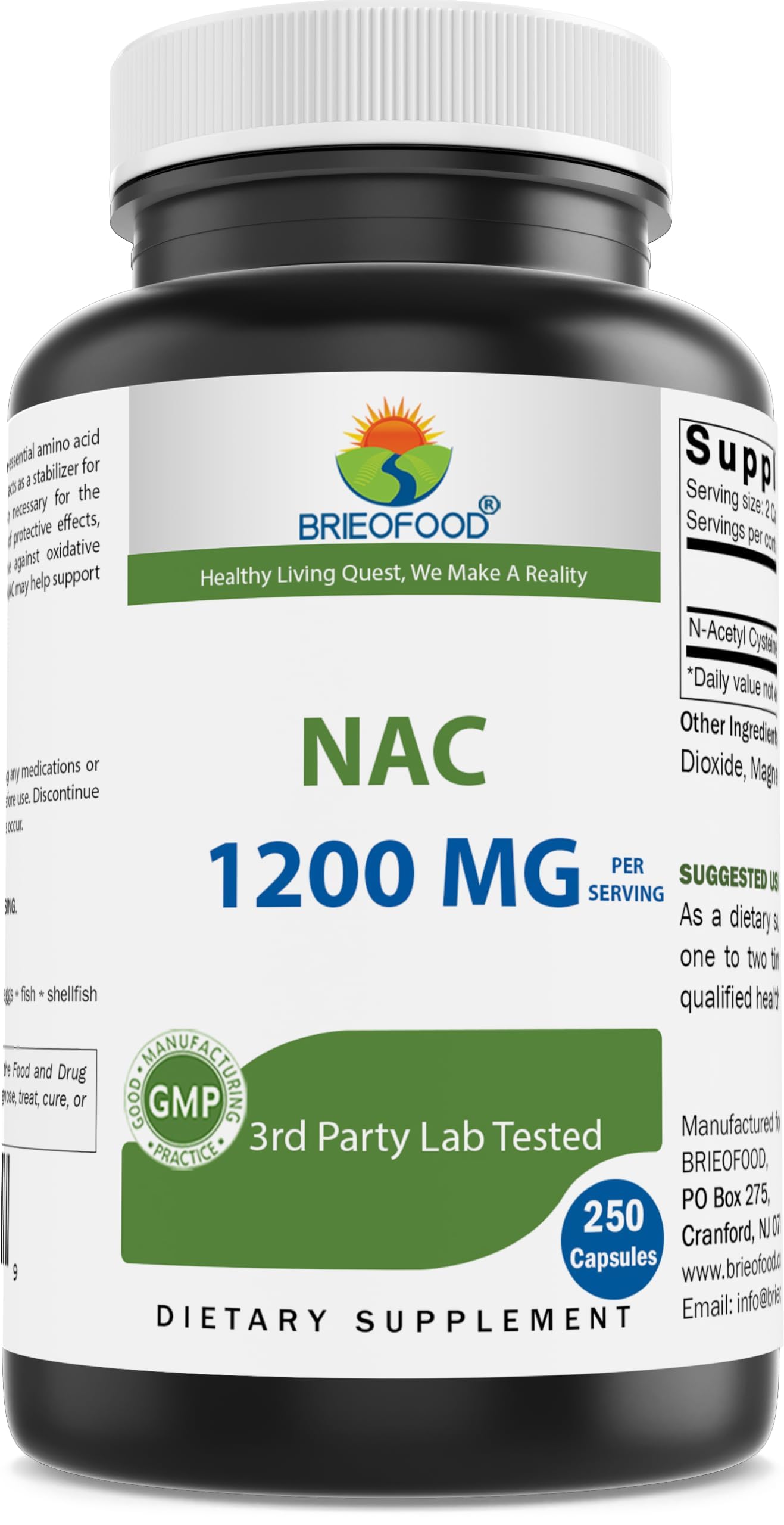 Brieofood NAC 1200 mg – N-Acetyl Cysteine (250 Caps) | Immune Support