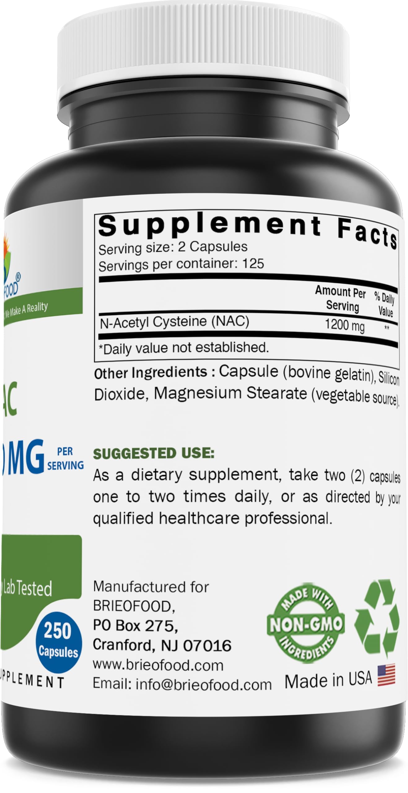 Brieofood NAC 1200 mg – N-Acetyl Cysteine (250 Caps) | Immune Support