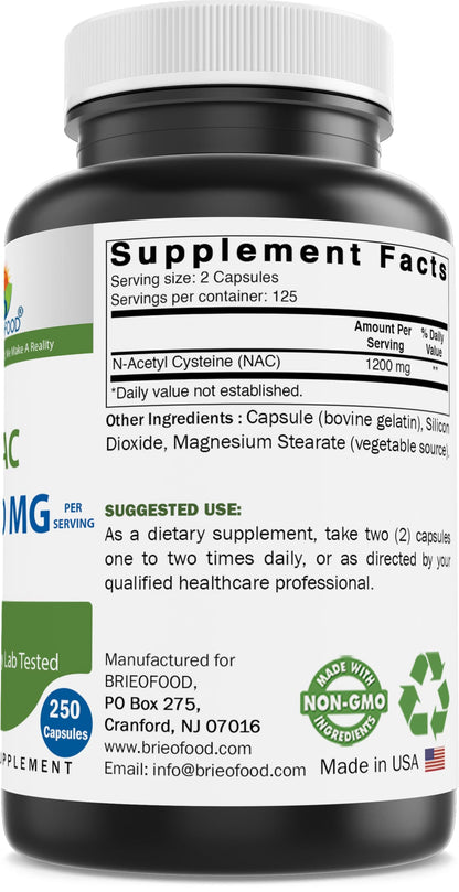 Brieofood NAC 1200 mg – N-Acetyl Cysteine (250 Caps) | Immune Support