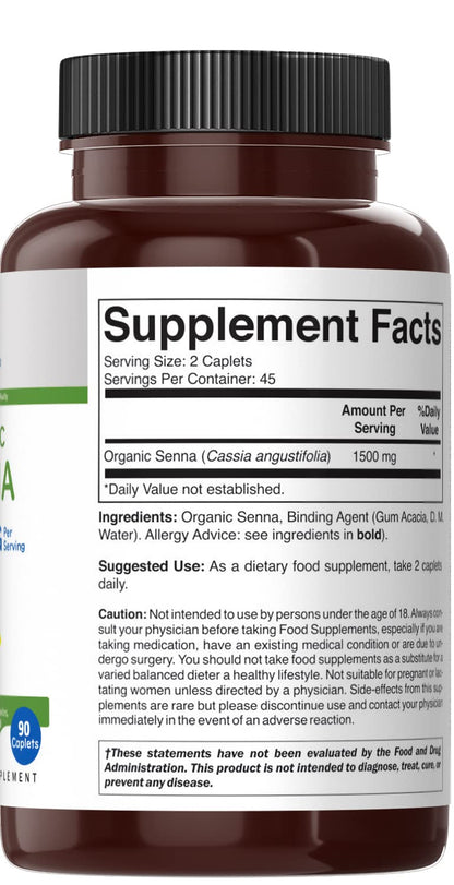Brieofood Organic Senna 1500mg – 90 Vegetarian Tablets (45 Servings), Gluten Free