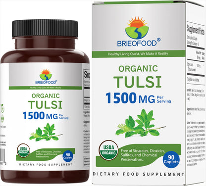 Brieofood Organic Tulsi 1500mg – 90 Vegetarian Tablets | Gluten Free, 45 Servings