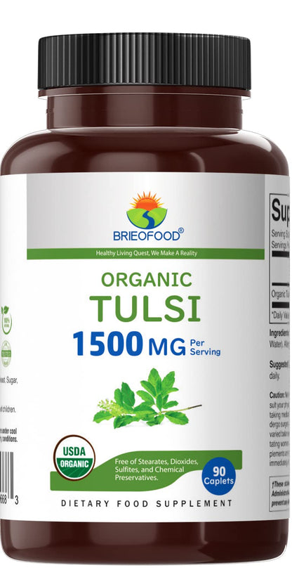 Brieofood Organic Tulsi 1500mg – 90 Vegetarian Tablets | Gluten Free, 45 Servings