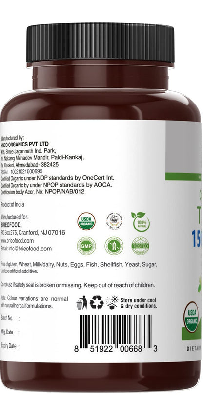 Brieofood Organic Tulsi 1500mg – 90 Vegetarian Tablets | Gluten Free, 45 Servings