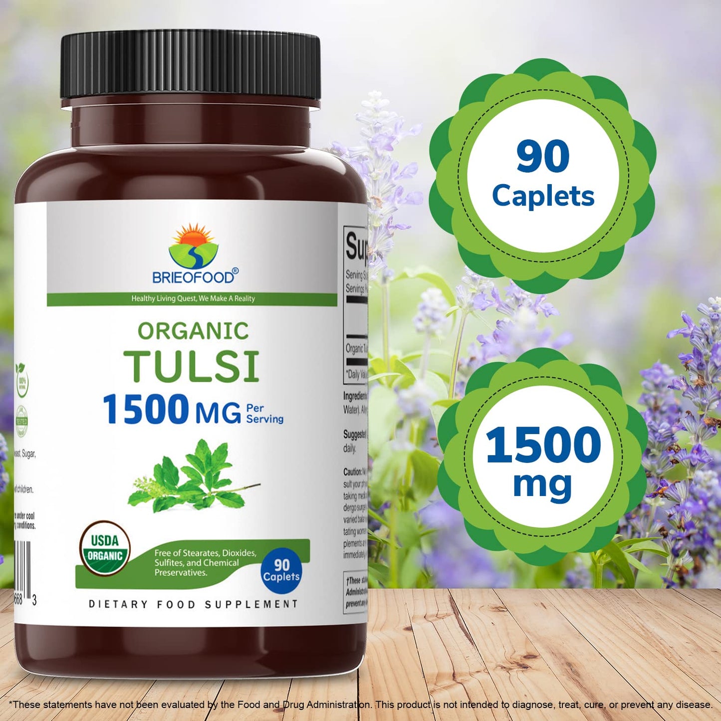 Brieofood Organic Tulsi 1500mg – 90 Vegetarian Tablets | Gluten Free, 45 Servings
