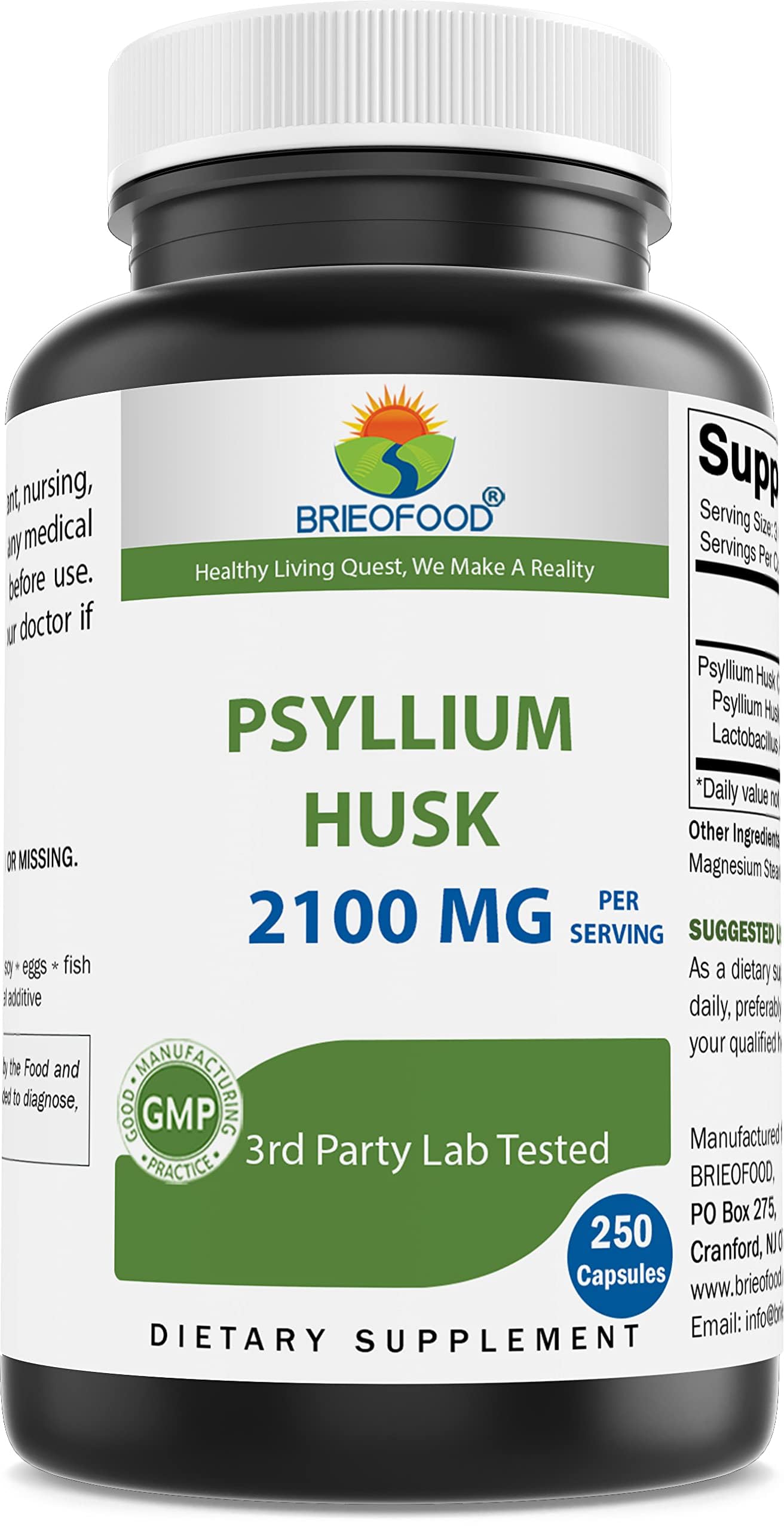 Brieofood Psyllium Husk Fiber with La-14 – 2100mg/Serving, 250 Capsules