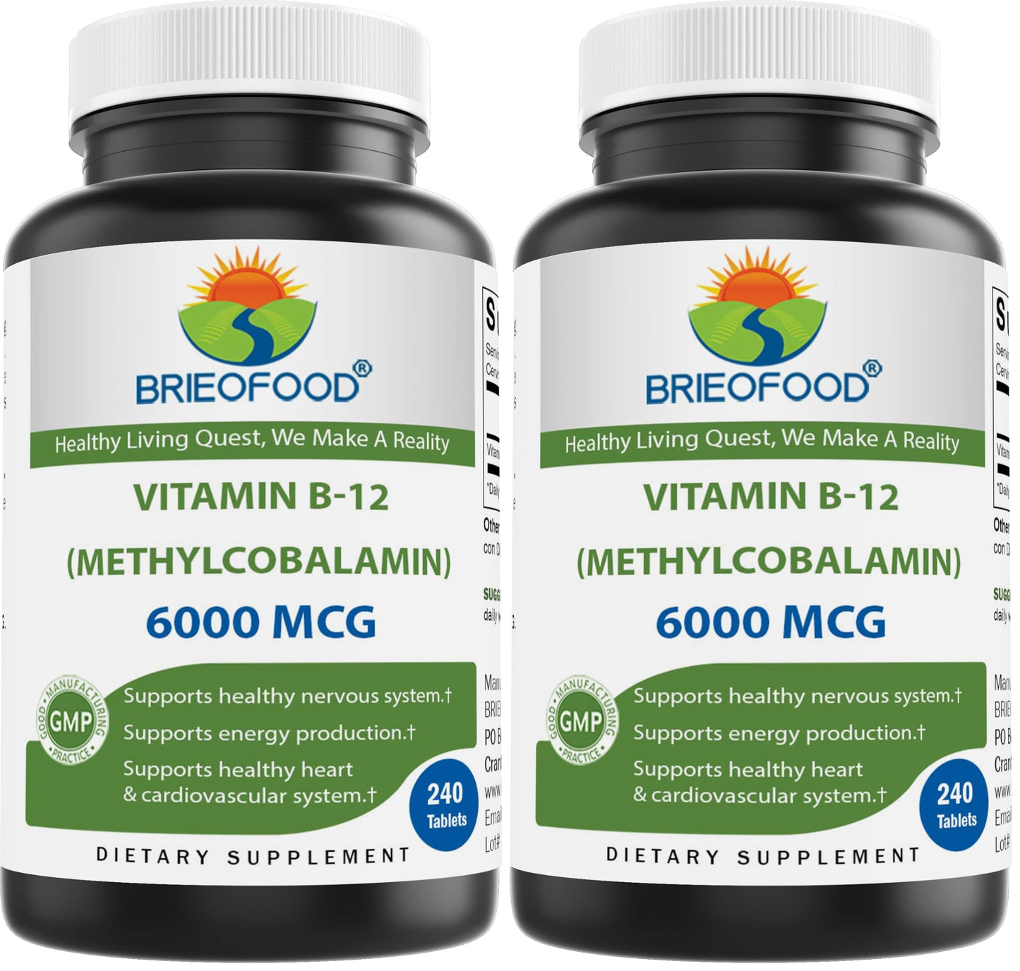 Brieofood Vitamin B-12 6000 mcg Methylcobalamin – 240 Tablets – Non-GMO & Gluten Free (Pack of 2)