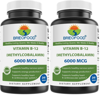 Brieofood Vitamin B-12 6000 mcg Methylcobalamin – 240 Tablets – Non-GMO & Gluten Free (Pack of 2)