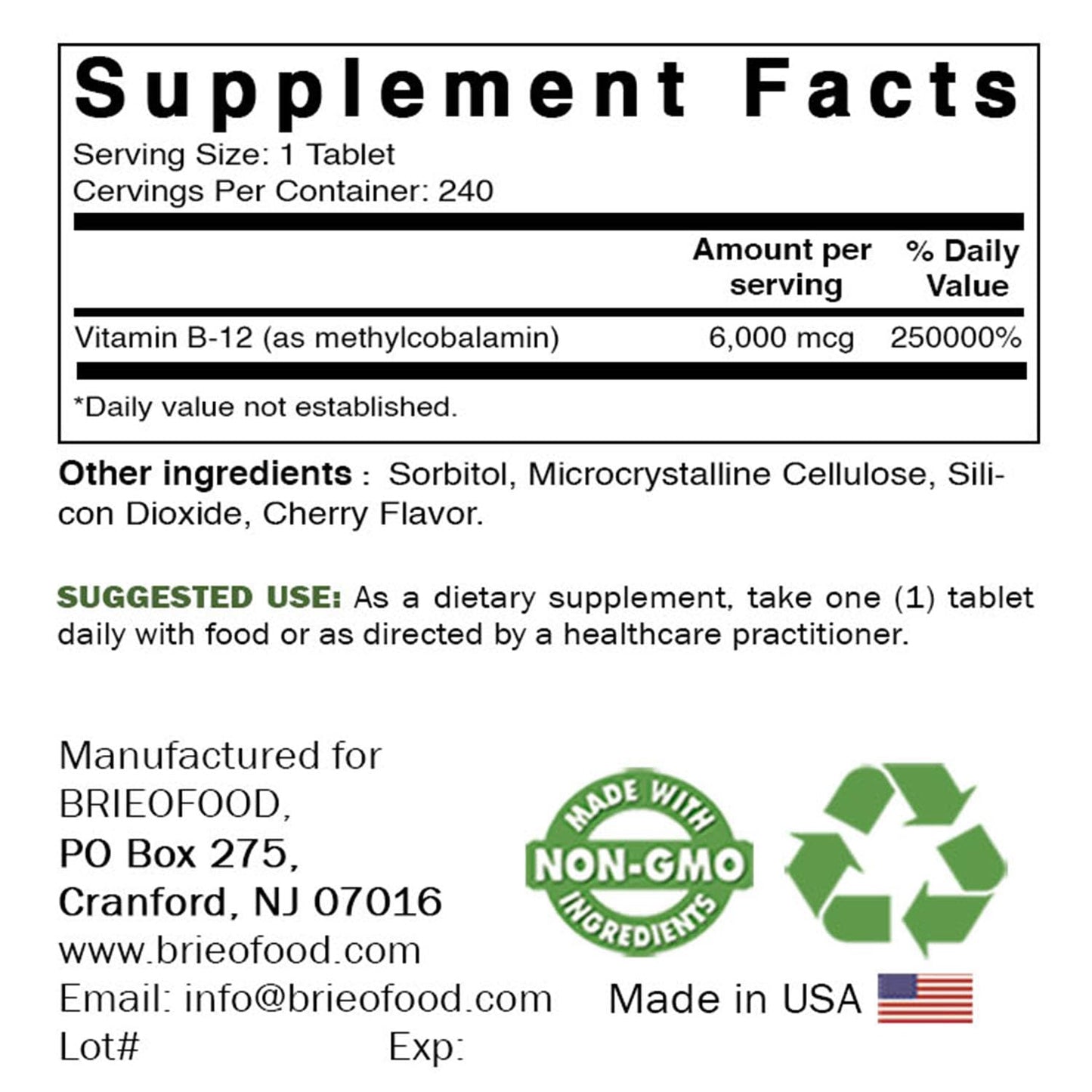 Brieofood Vitamin B-12 6000 mcg Methylcobalamin – 240 Tablets – Non-GMO & Gluten Free (Pack of 2)