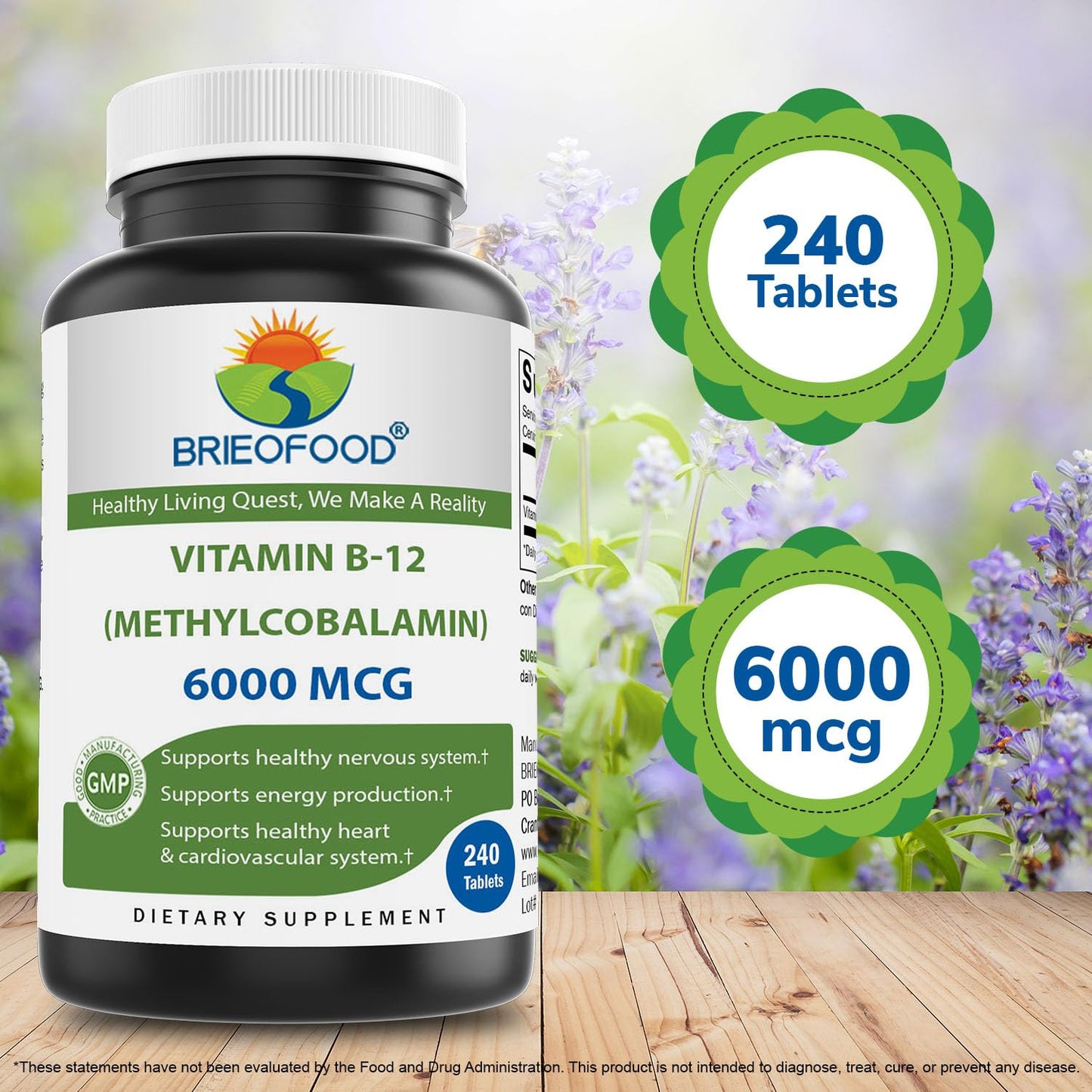 Brieofood Vitamin B-12 6000 mcg Methylcobalamin – 240 Tablets – Non-GMO & Gluten Free (Pack of 2)
