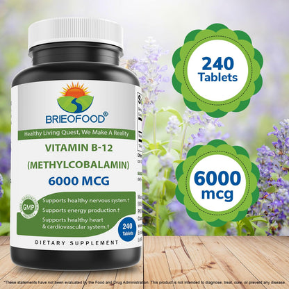Brieofood Vitamin B-12 6000 mcg Methylcobalamin – 240 Tablets – Non-GMO & Gluten Free (Pack of 2)