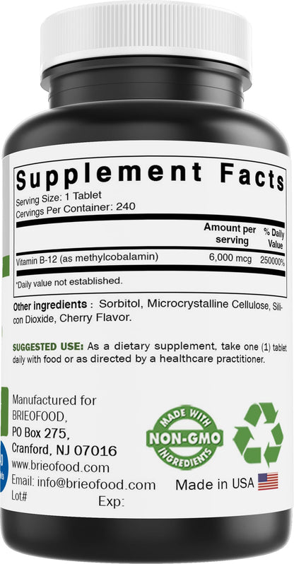 Brieofood Vitamin B-12 6000 mcg Methylcobalamin – 240 Tablets – Non-GMO & Gluten Free (Pack of 2)