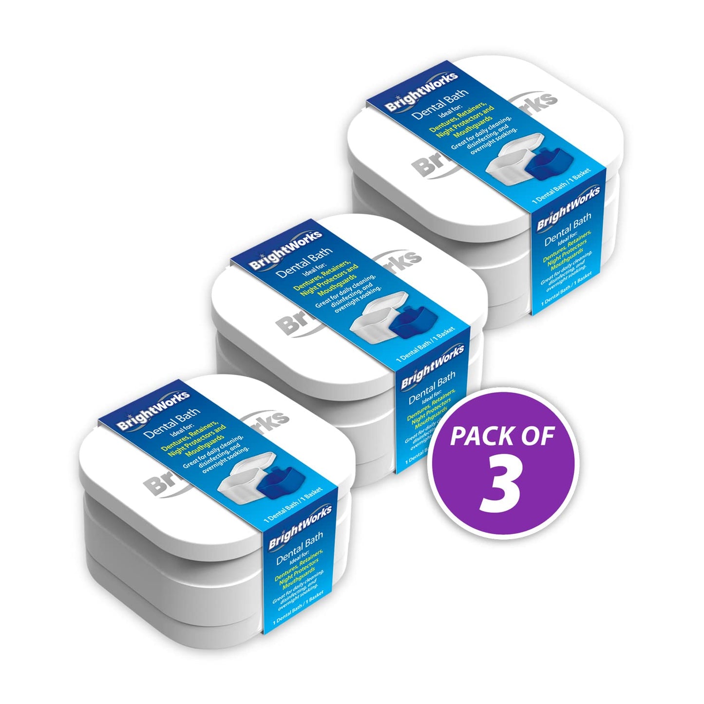 BrightWorks Dental Bath Cleaner Cup Case (3 Pack) – Dentures, Aligners, Retainers & Dental Appliances