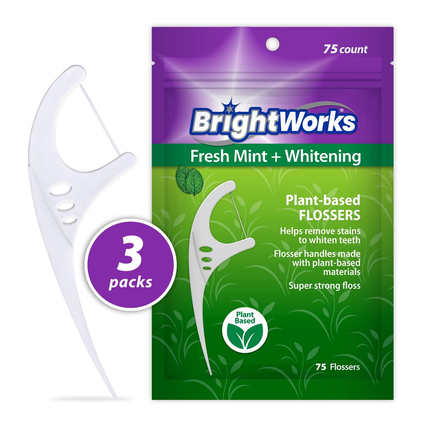 BrightWorks Mint Whitening Dental Flossers – 225 Pieces, 3-Pack