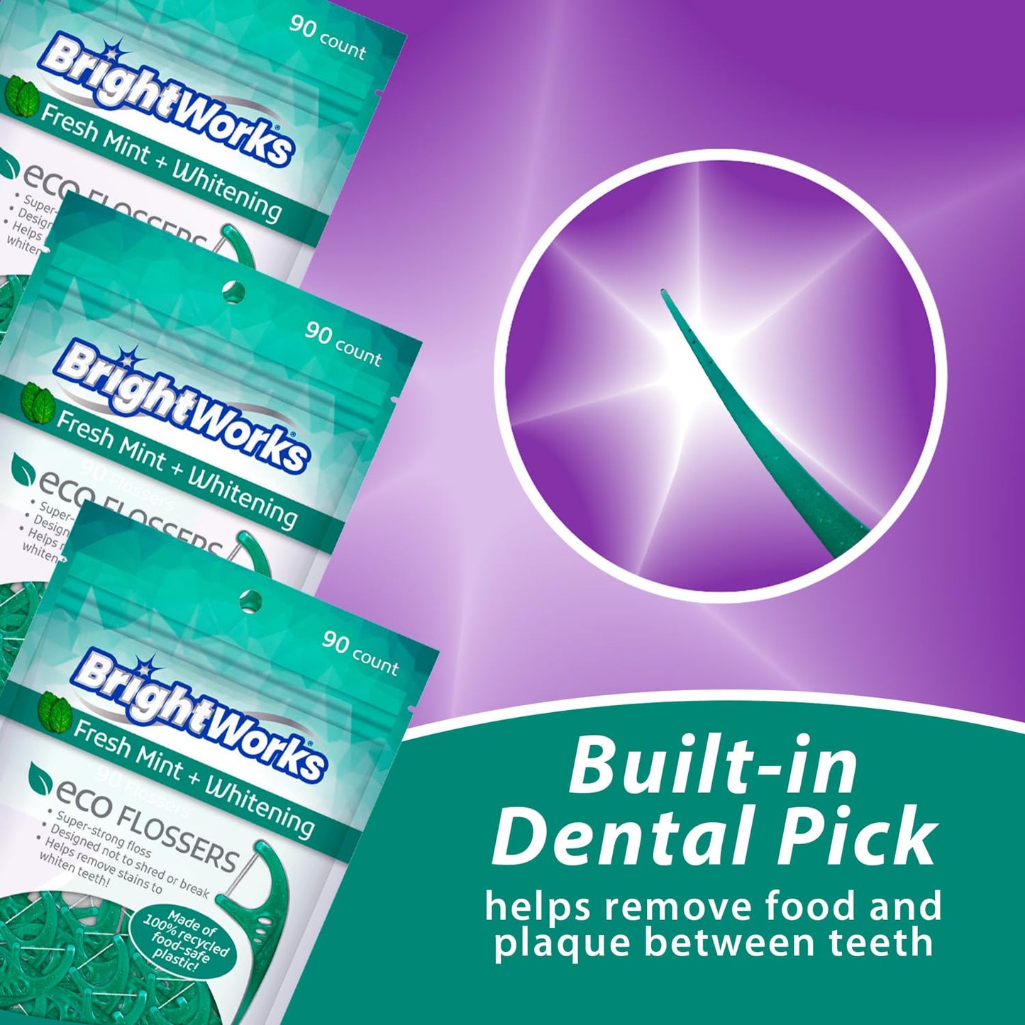 Brightworks ECO Floss Picks – 270 Count, PFAS Free, Mint-Flavored, Made in USA, 100% Post-Consumer Recycled Plastic