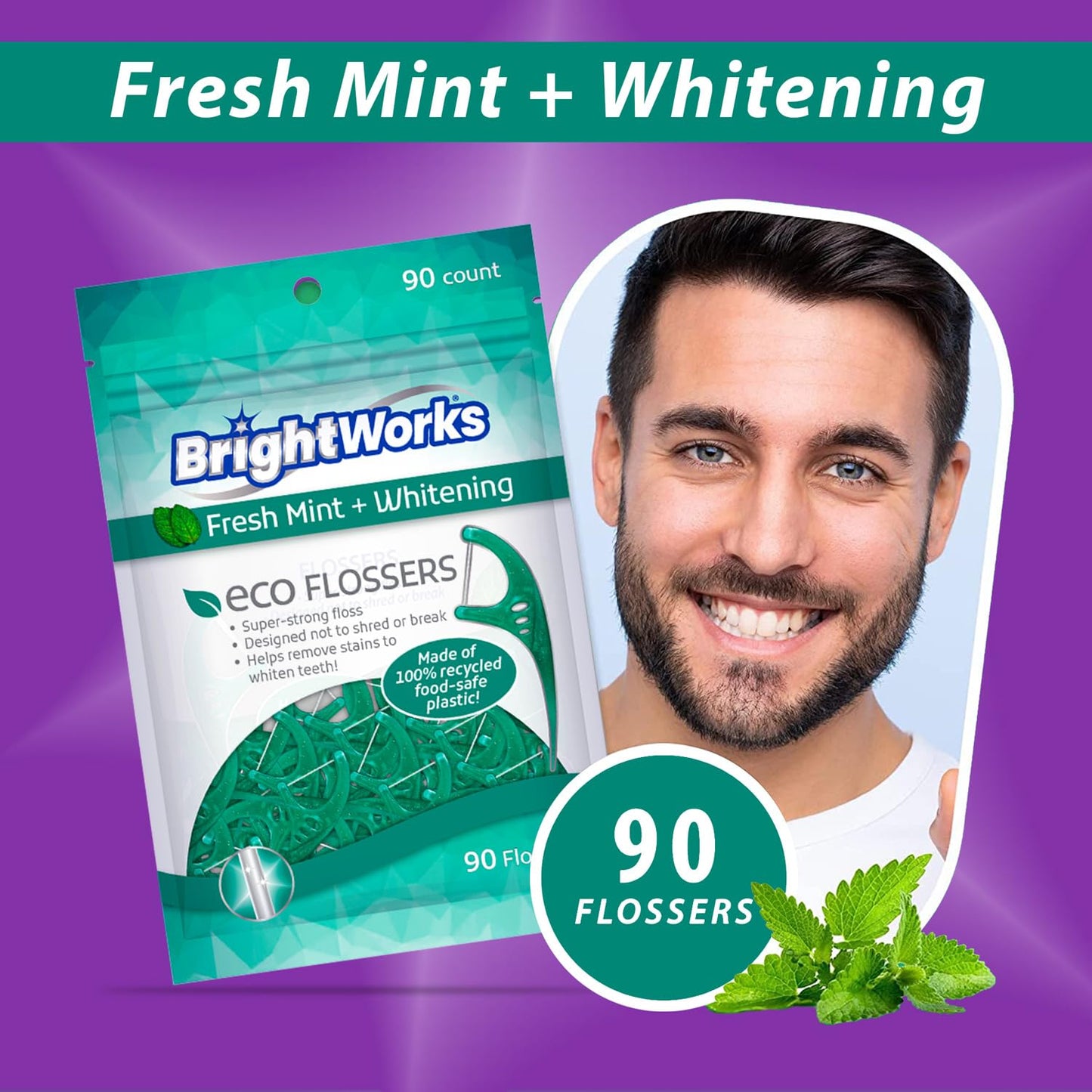 Brightworks ECO Floss Picks – 270 Count, PFAS Free, Mint-Flavored, Made in USA, 100% Post-Consumer Recycled Plastic