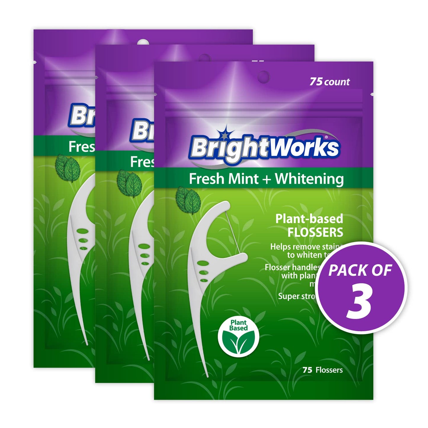 BrightWorks Mint Whitening Dental Flossers – 225 Pieces, 3-Pack