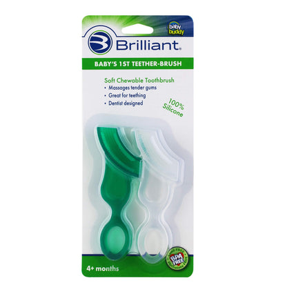 Brilliant Baby’s First Toothbrush – Smooth Silicone Bristles, 4+ Months, Green & Clear, 2 Pack