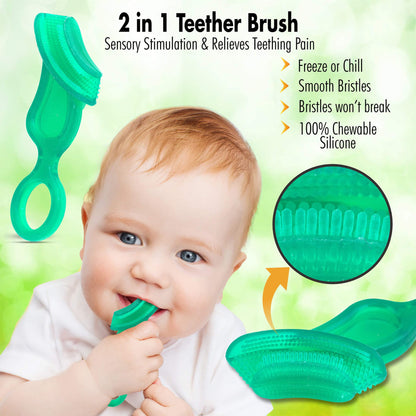 Brilliant Baby’s First Toothbrush – Smooth Silicone Bristles, 4+ Months, Green & Clear, 2 Pack